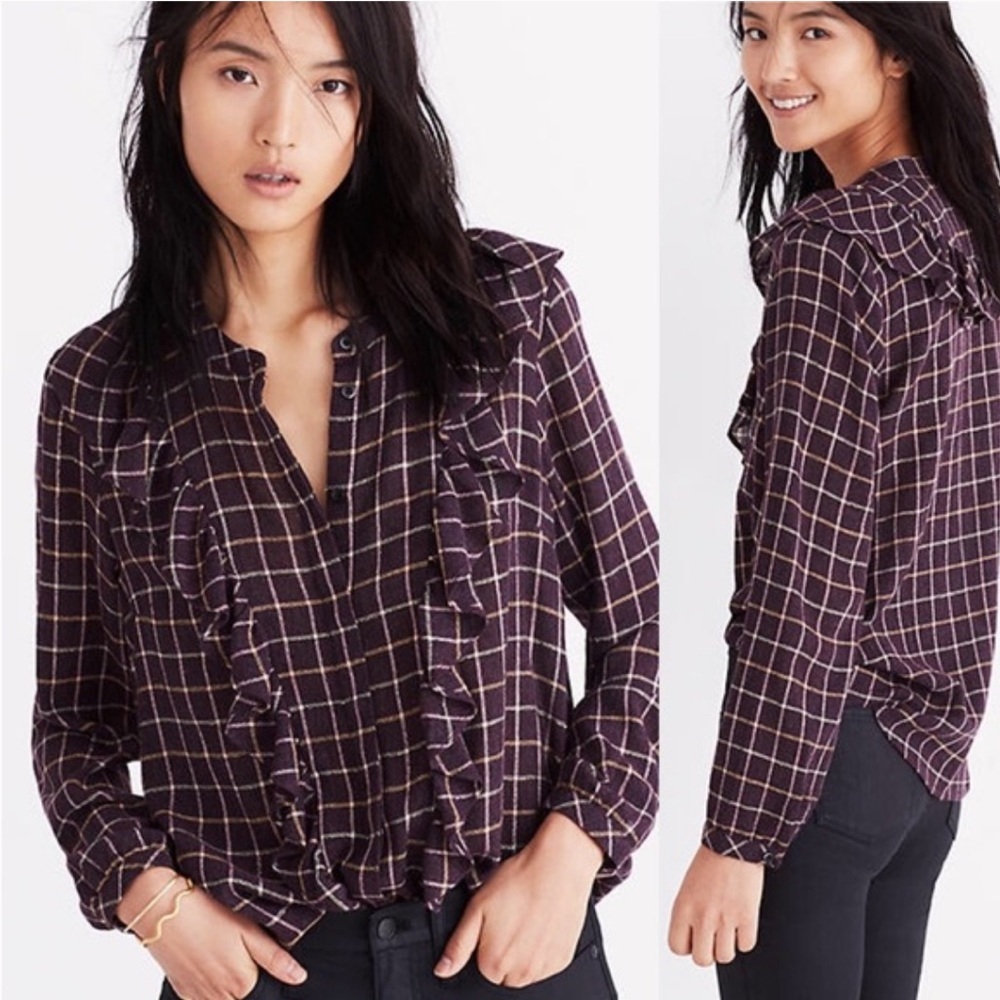 Madewell‎ Purple Plaid Metallic Ruffle Button Down Blouse Size XXS